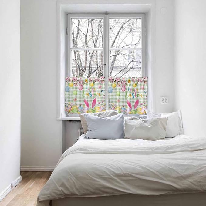 Happy Easter Half Window Curtains 24 Inches Long, Spring Bunny Eggs Flower Sage