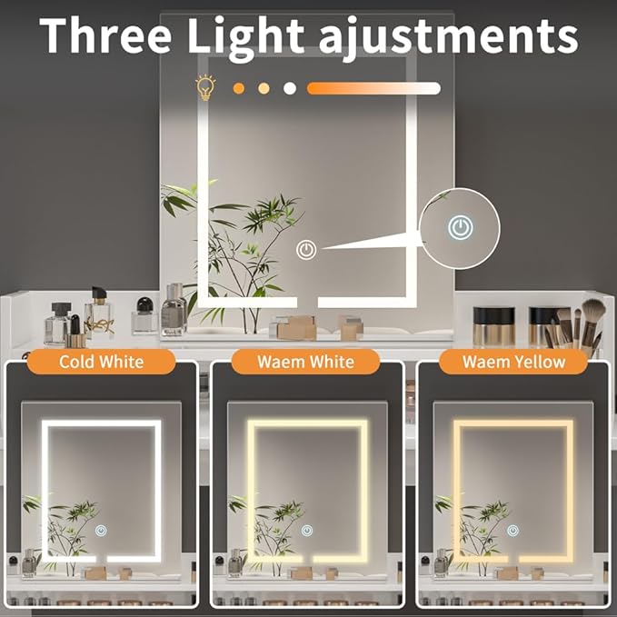 Vanity Desk with Mirror and Lights, Makeup Vanity Desk with Lights 3 Colors, Vanity Table with 2-Tier Shelves, Modern White Dressing Table for Bedroom