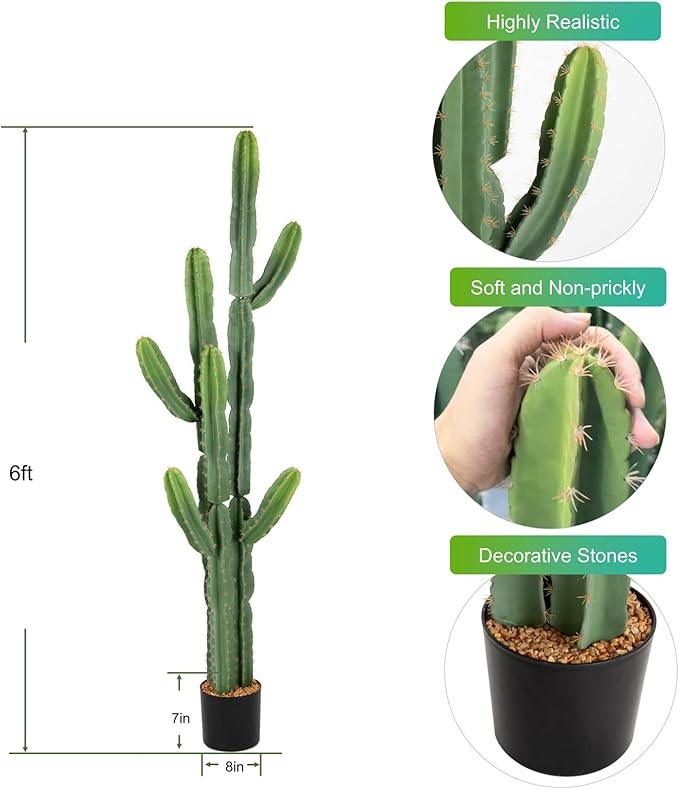UV-Resistant Artificial Fake Cactus Plants 6ft – Large Faux Cowboy Cactus for Indoor & Outdoor Home, Office, or Garden Decor