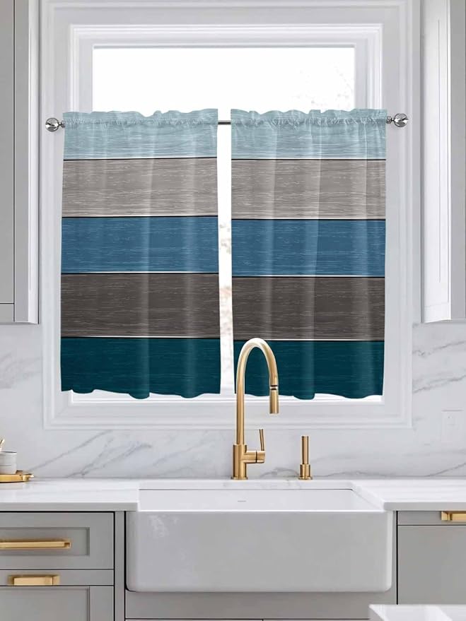 Retro Farm Blue Gray Wood Grain Window Valance Curtains, Rustic Wooden Plank