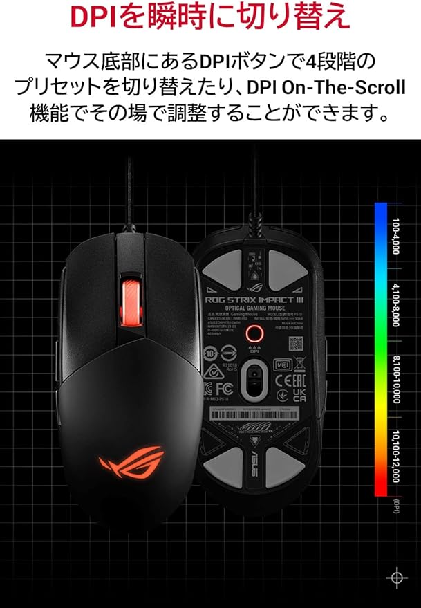 ASUS ROG Strix Impact III Gaming Mouse, Semi-Ambidextrous, Wired, Lightweight, 12000 DPI Sensor, 5 programmable Buttons, Replaceable switches, Paracord Cable, FPS Gaming Mouse, Black