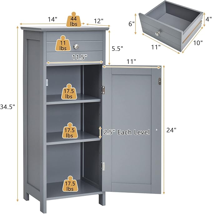 COSTWAY Bathroom Storage Cabinet, Single Door Floor Cabinet with Drawer and 3-Level Adjustable Shelves, Modern Side Storage Organizer with Anti-Tipping Device for Living Room, Bedroom (Gray)