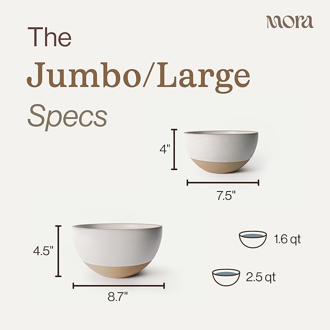 MORA Jumbo and Large Bowls Set of 2, 2.5 and 1.5 Qt Ceramic Pottery Mixing Bowls - Microwave and Dishwasher Safe - Oat