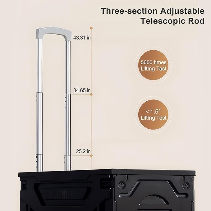 VECELO Foldable Utility Cart with Wheels - Heavy Duty Collapsible Rolling Cart for Shopping, Travel, Office & Home - Portable Luggage Cart with Telescoping Handle, Black
