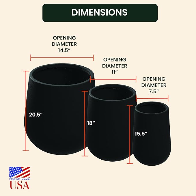 Beuta Large Planters for Outdoor Plants - Set of 3, 15.5/18/20.5 Inches Outdoor Planters for Porch - Tall Planter for Outdoor & Indoor Plants | Large Indoor Plant Pot - USA Made - Black