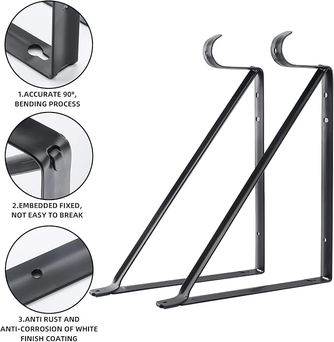 HOME MASTER HARDWARE Heavy Duty Closet Rod Brackets 2 Pack, Wall Mounted Shelf Bracket with Rod Shelving Support, 11 x 9.5 in Shelves Support Brace with Hook Black with Screws