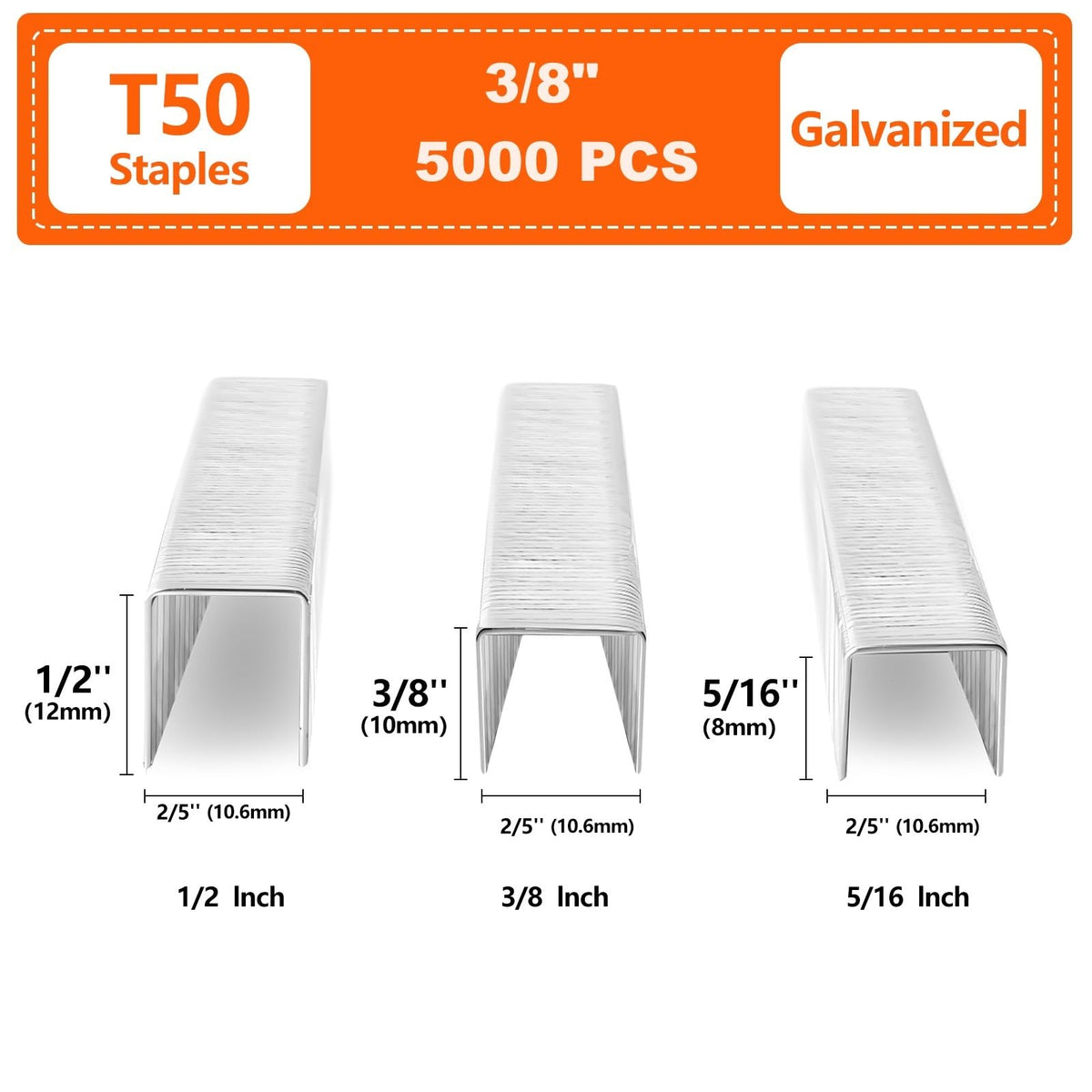 SITLDY Heavy Duty T50 3/8 inch Staples 5000-Count, 20 Gauge Galvanized, for Pneumatic, Electric, Manual T50 Stapler Gun