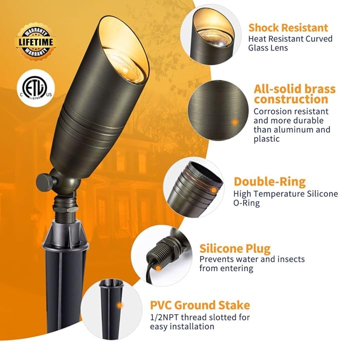 Brass Low Voltage Landscape Spotlights(6 Pack) Kit 12V LED with 150W Low Voltage Transformer and Mechanical Timer and 100 Feet Wire and 30Pack Connectors for Outdoor House Garden Patio