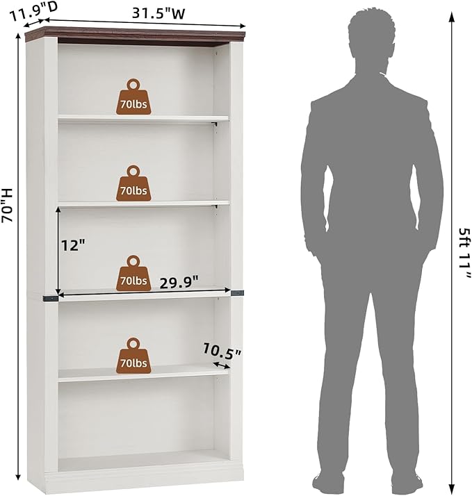 70" White Tall Bookshelf Set of 2,5-Tier Thick Wooden Book Shelf with Adjustable Shelves,Free Standing Farmhouse Bookcase with Open Display Storage,Floor Vintage Bookshelves for Living Room