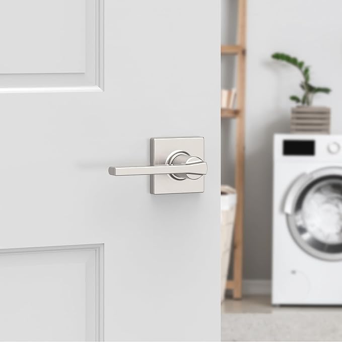 Kwikset Casey Interior Passage Door Handle, Lever for Closet and Hallway Doors, Reversible Non-Locking Handle Lever, Satin Nickel, with Microban Protection (Pack of 4)