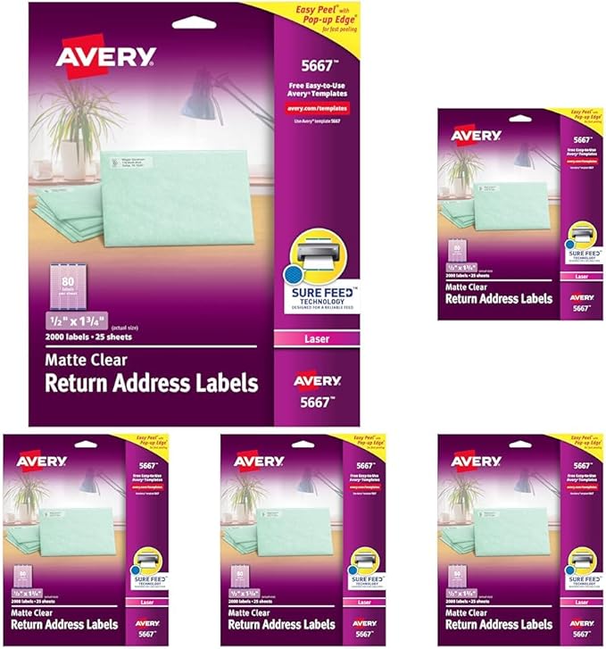 Avery Printable Return Address Labels with Sure Feed, 0.5" x 1.75", Matte Clear, 2,000 Blank Mailing Labels (05667) (Pack of 5)