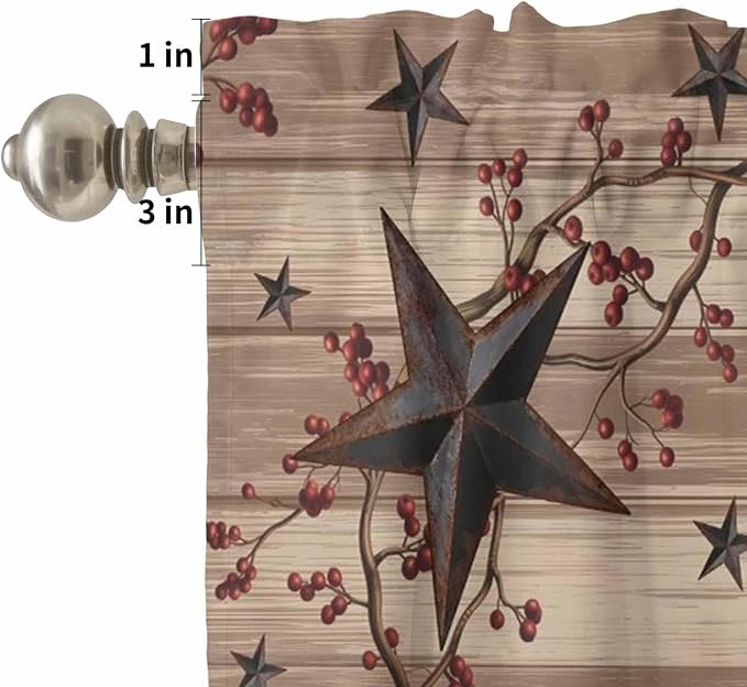 Kitchen Curtains Tiers and Valance Set of 3, Farmhouse Star Brown Light