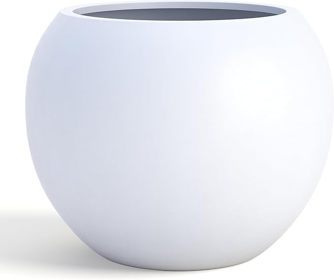 DTY Signature Mount Sherman Modern Indoor Outdoor Fiberstone Sphere Planter, Durable Round Garden Pot, Weather Resistant, Drainage Hole & Rubber Plug, Planter for Christmas Tree - Medium, White