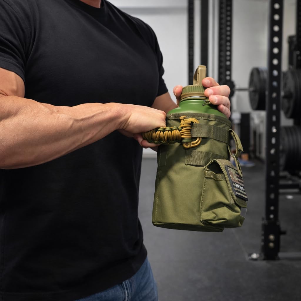 Iron Infidel Battle Pack - Accessories Kit for Battle Bottle - Water Bottle Cap Replacements for 64 Oz or 32 Oz | Wide Mouth Lid, Shoulder Strap, Paracord Handle, Morale Patch & Decal (Green/Tan)