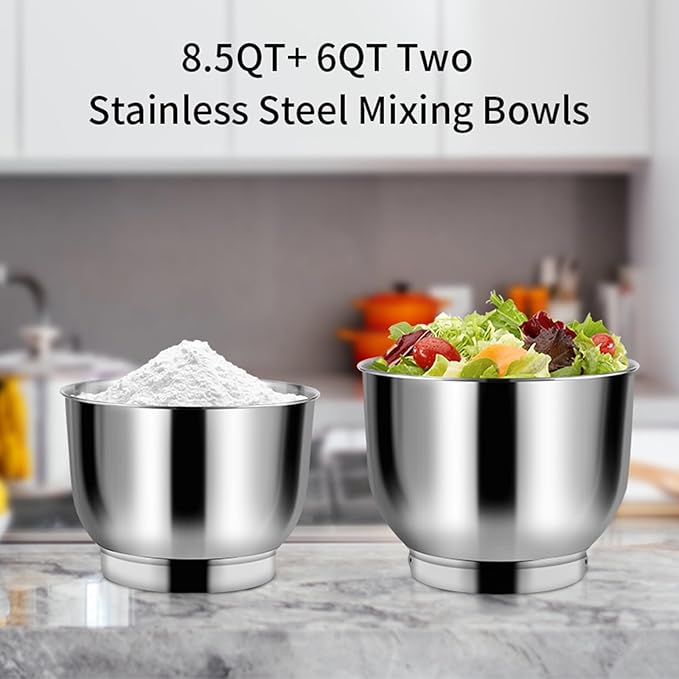 Stand Mixer, 8.5QT+ 6QT Two Stainless Steel Bowls Electric Food Mixer Black