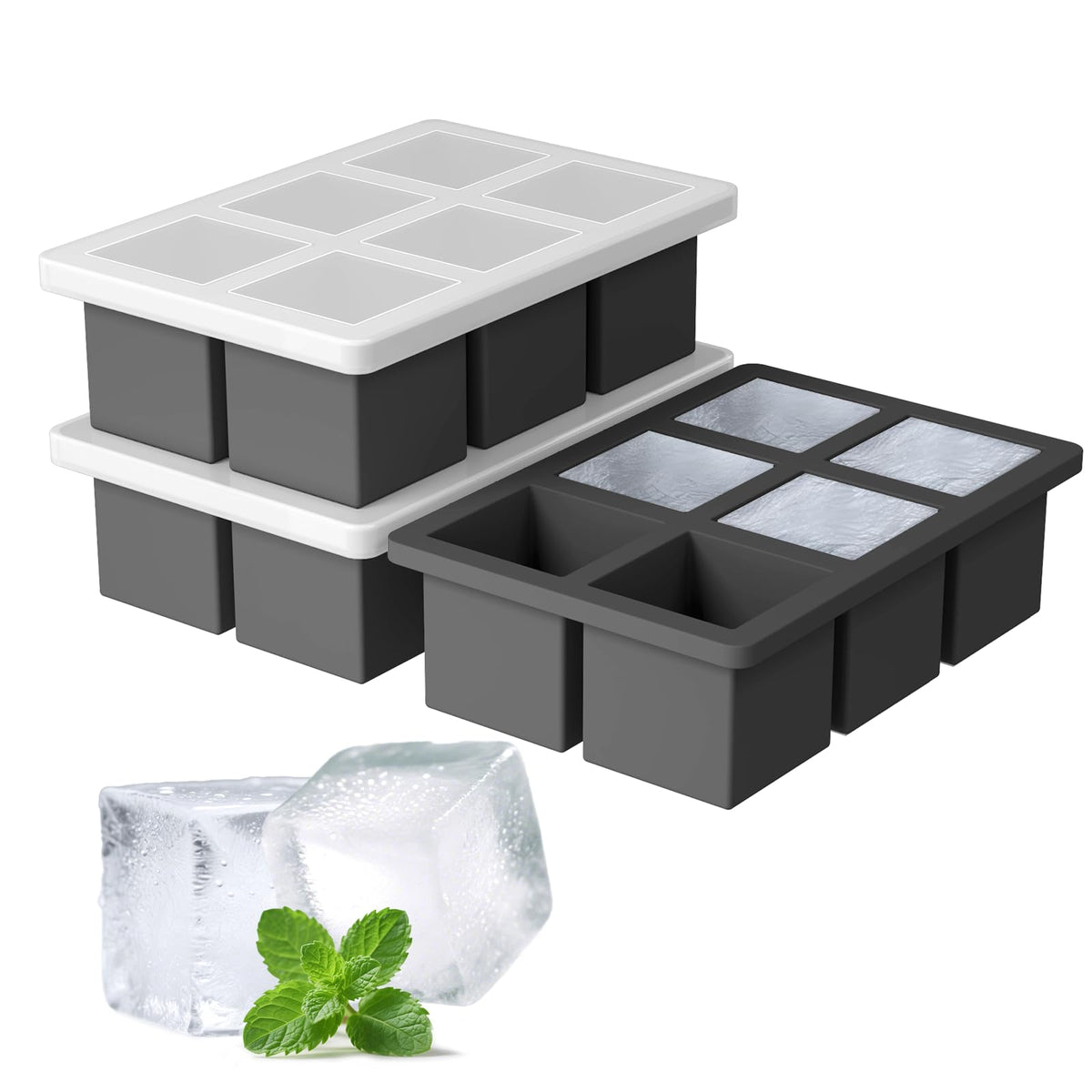 Large Silicone Ice Cube Tray 3Pack, SAWNZC Big Square Ice Cube Molds for Whisky Cocktail, Ice Maker Tray with Lid for Freezer, Easy Release (3, Mint Green)