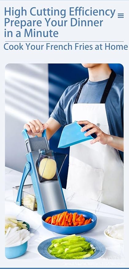 SPICE OUTLET New Upgrade Safe Mandoline Slicer Plus, Biger Size, Adjustable Vegetable Food Chopper Potato Fries Cutter, Detachable Blade, Kitchen Chopping Artifact with Container. Blue