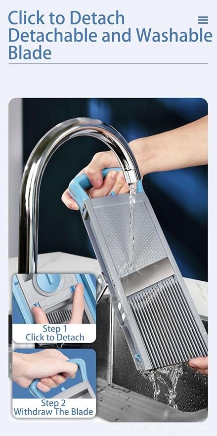 SPICE OUTLET New Upgrade Safe Mandoline Slicer Plus, Biger Size, Adjustable Vegetable Food Chopper Potato Fries Cutter, Detachable Blade, Kitchen Chopping Artifact with Container. Blue