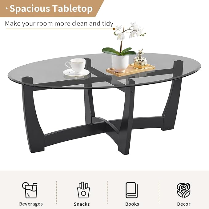 LKTART 48" Oval Glass Coffee Table with Black Tempered Glass Top Cross and Solid Wood Base Simple & Modern Center Table for Living Room Office Apartment Black