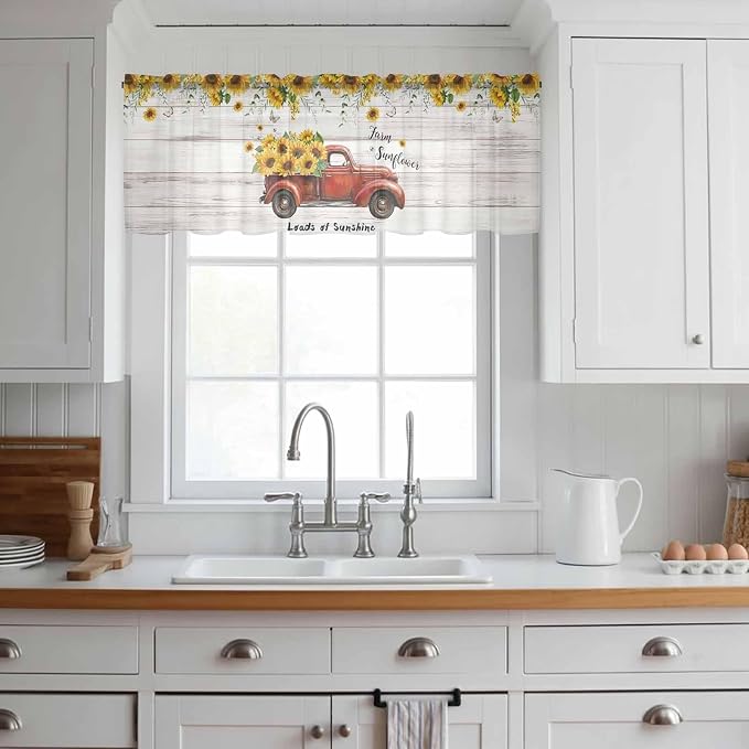 Farmhouses Sunflowers Sheer Valance Curtains, Retro Floral Leaves Red Truck