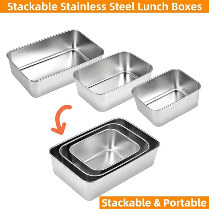 Kichwit Stainless Steel Lunch Box Container with Lid, Pack of 3 Bento Snack Boxes for Work, Travel or Picnics, Dishwasher Safe, 25oz, 45oz, 65oz