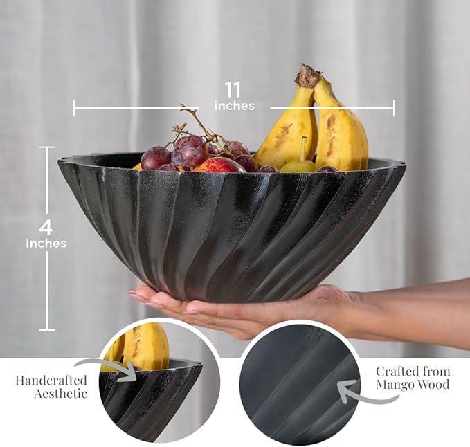 Folkulture Black Ribbed Salad Bowl | 11” Large Mango Wood Serving Bowl | Modern Wooden Bowl for Salad, Fruit & Pasta | Kitchen Island & Dining Table Décor