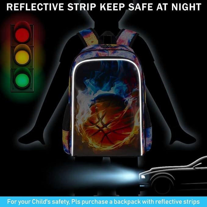 KLFVB 3PCS Boys Backpack, 17" Kids Bookbag and Lunch Box, Water Resistant Teenagers School Backpacks for Middle Elementary - Flame Basketball