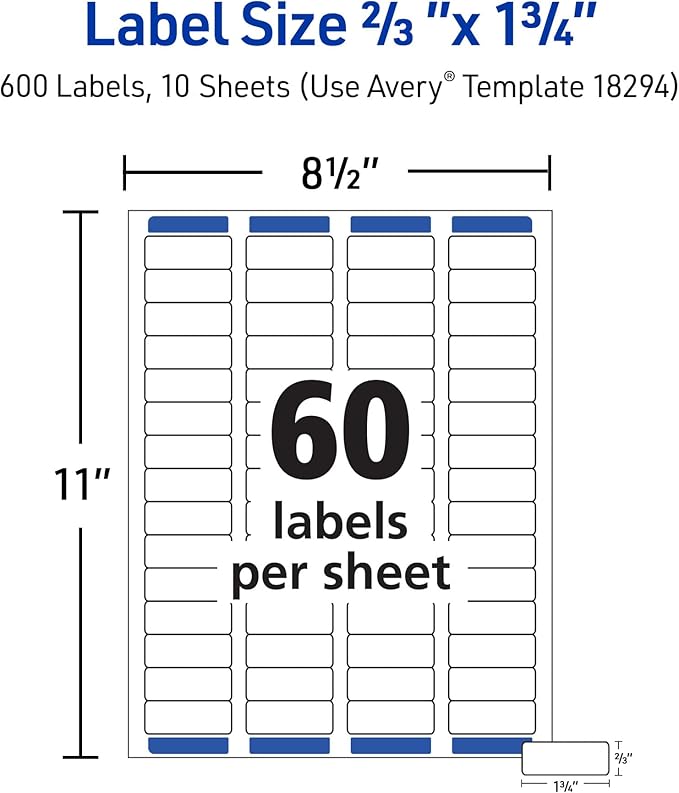 Avery Printable Return Address Labels with Sure Feed Technology, 2/3" x 1-3/4", White, Laser & Inkjet Compatible, 600 Blank Labels per Pack, Great for High-Volume Mailing (5-Pack of 18294)