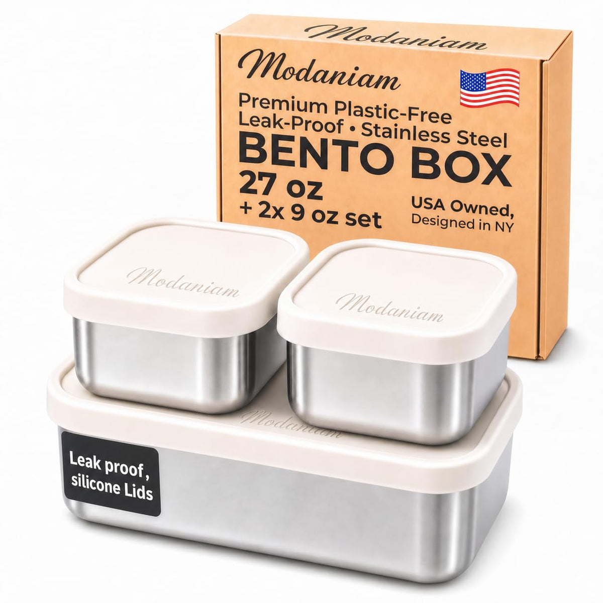 Modaniam Stainless Steel Lunch Box Containers, 27 OZ + 9 OZ Set, Stainless Steel Bento Box, Metal Lunch Box, Sandwich & Snack Containers, Leak Proof SIlicone Lids,Small Vanilla - 1 * 27OZ + 2 * 9 OZ