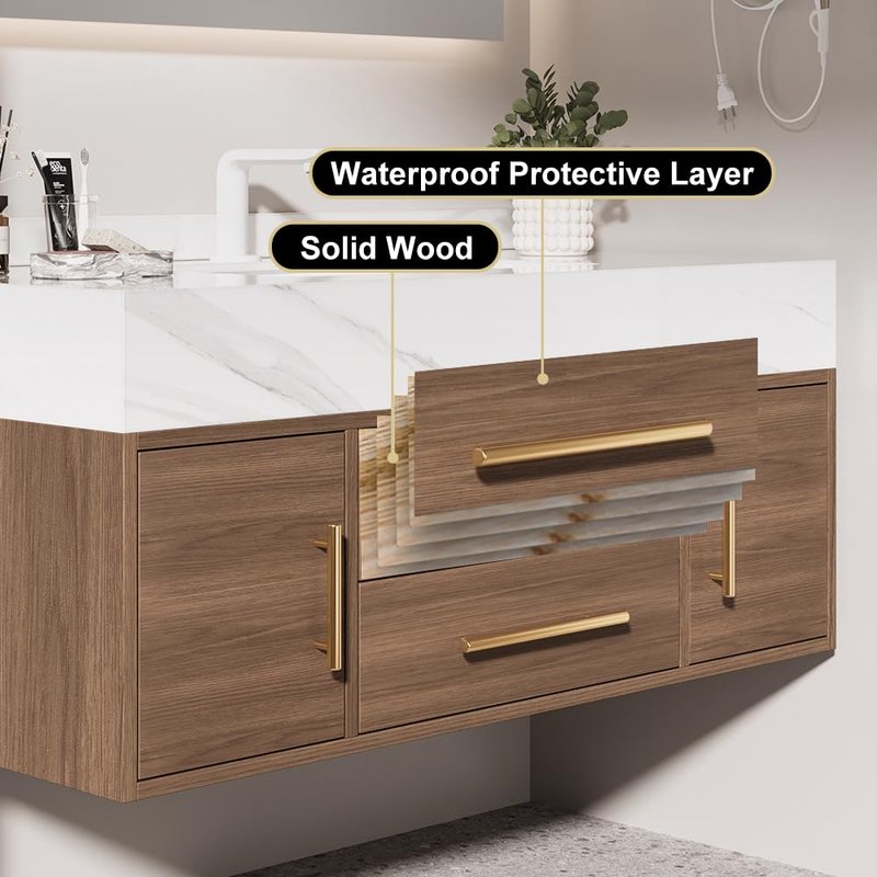 Weibath Floating Bathroom Vanity with Sink, 39.5 Inch Modern Bathroom Vanity Cabinet with Sintered Stone Top, Ceramic Undermount Sink, 2 Drawers, Walnut (Wall Mounted, Gold Handle)