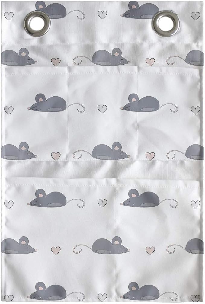 Ambesonne Mouse Hanging Pocket Organizer, Layout of Repetitive Rodents and Mini Hearts in a Hand Drawn Doodle Like Style, Printed Polyester Storage Bag with Pockets, 14" x 20", Dimgray and White