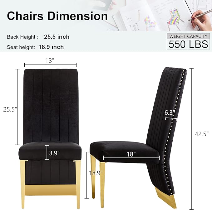 AUZ Black and Gold Dining Chairs Set of 8, Black Velvet Upholstered Dining Room Chairs with Nailhead Trim, Modern High Back Dining Chairs with Gold Legs