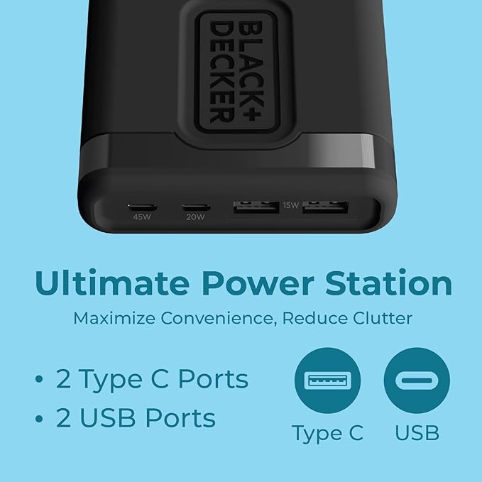 BLACK+DECKER USB C Fast Charger 65W 4 Port Type USB C Charging Station Hub Block TypeC Wall Charger Power Strip Adapter Plug 2 USBC 2 USBA for iPad iPhone 17 16 15 14 Pro Max Pixel Note Galaxy, Black