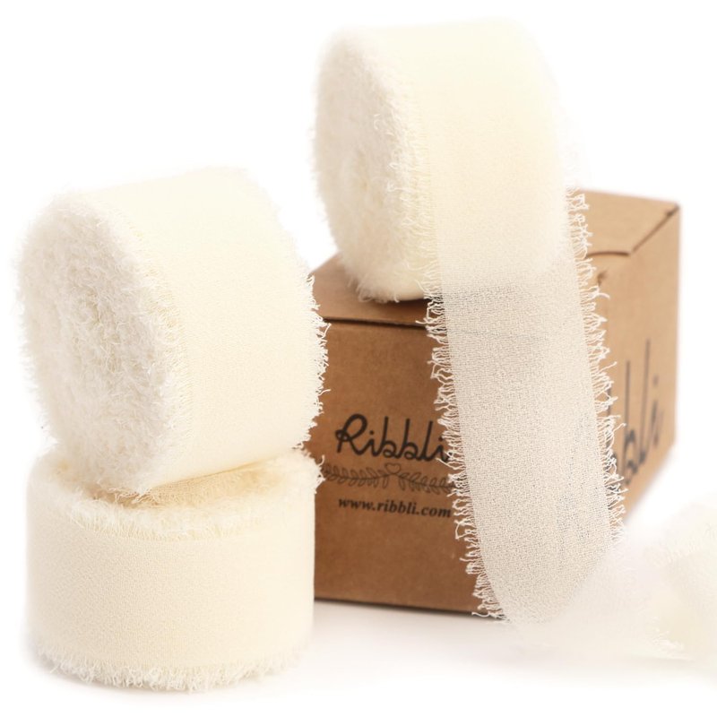 Ribbli Ivory Ribbon 1 Inch x 3 Rolls Total 24 Yards Ivory Handmade Fringe Chiffon Silk Ribbon for Wrapping Wedding Invitations Bridal Bouquets DIY Crafts Home Decor