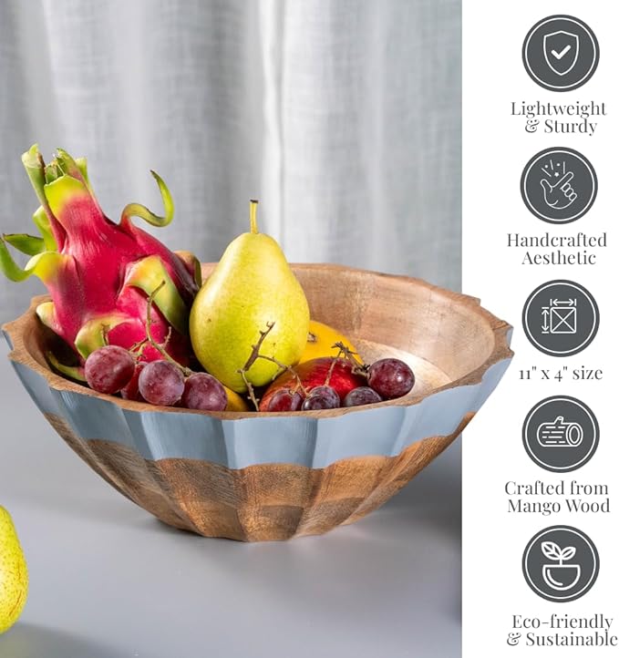 Folkulture Natural Wave Salad Bowl | 11” Large Mango Wood Serving Bowl with Dual Ribbed Design | Wooden Bowl for Salad, Fruit & Pasta | Kitchen Island & Dining Table Décor