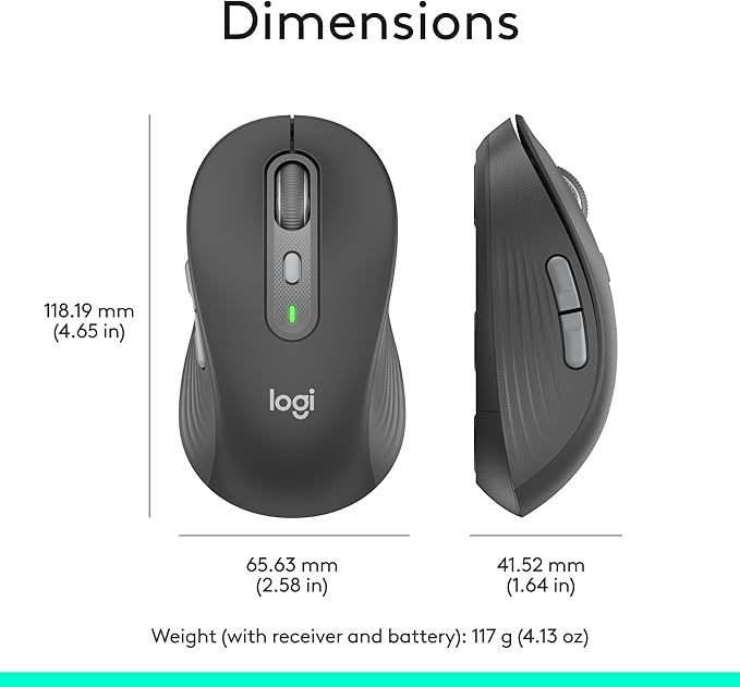 Logitech Signature Plus M750 L Wireless Mouse - for Large Hands, SmartWheel, Bluetooth, Multi Device, 24-Month Battery, Silent Clicks, Customizable Side Buttons, Contoured Shape - Graphite