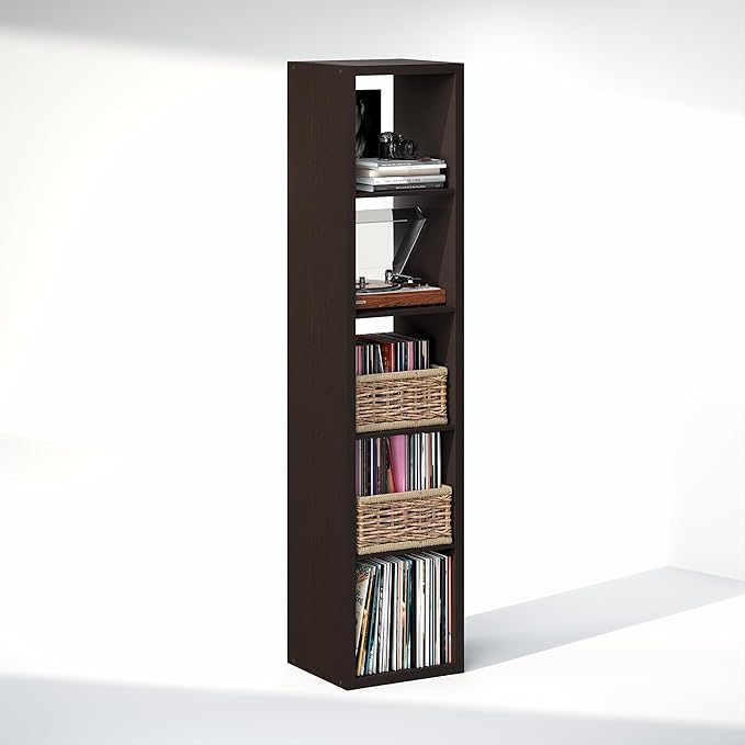 Furinno Cubicle Record Player Stand with Vinyl Storage, 5-Cube 1.2 Extra Thick Vinyl Record Storage, Open Back Media Shelf for CD DVD Blueray Game Disc, for Living Room, Home Office, Black Dark Oak