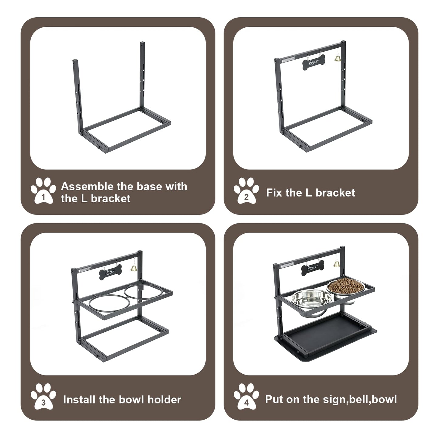Elevated Slow Feeder Bowls for Large Dogs - Adjustable Height, 2 Stainless Steel Bowls, Spill-Proof Mat - Great for Medium Dogs Too (Black)