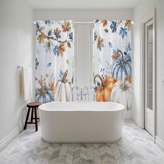 Fall Blue Maple Window Curtains 72 Inch Long 2 Panel Set, Rod Pocket Long