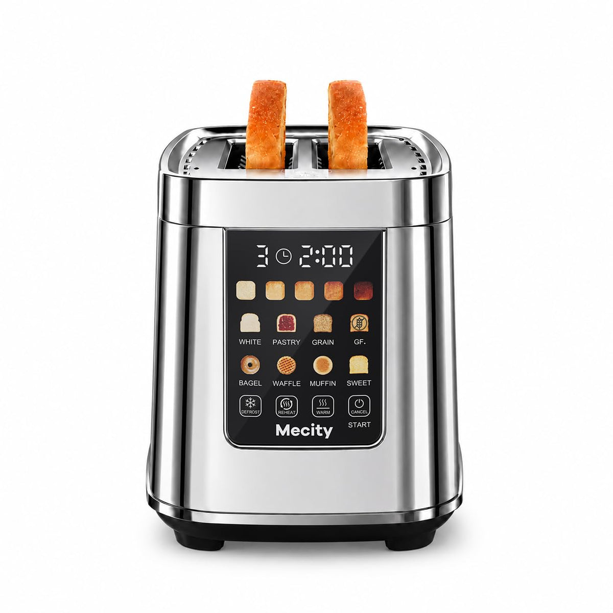 Mecity Motorized Toaster 2 Slice with Touch Screen, Stainless Steel Smart Toaster, 8 Bread Types, 5 Shade Levels, 1200W High Power, Keep Warm Mode, Reheat Defrost Functions, 120V