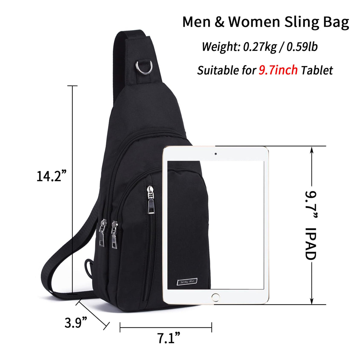 Seoky Rop Small Sling Bag for Men Women One Strap Shoulder Crossbody Backpack with USB Charging Port for Hiking Cycling Travel Black