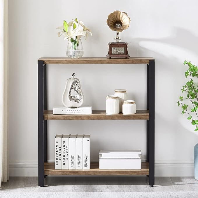 FOLUBAN 3 Tier Bookshelf, Industrial Bookcase and Book Shelves for Bedroom, Rustic Wood and Metal Book Case for Office, Oak