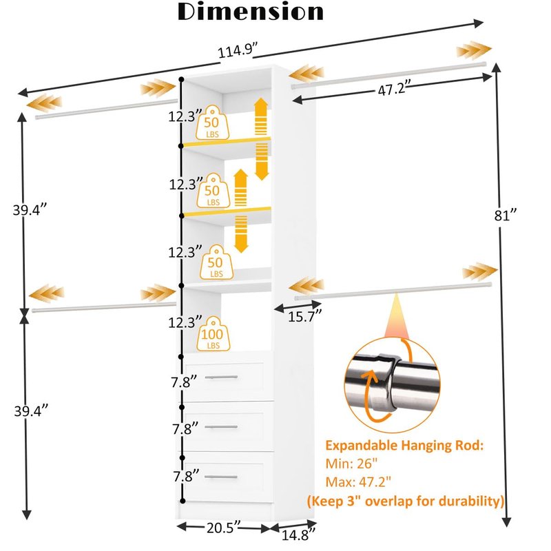 Closet System with Drawers, 5FT-9FT Custom Closet Organizer System 114.9" Walk in Wood Closet Storage System with 4 Expandable Hanging Rods Wall Mount White