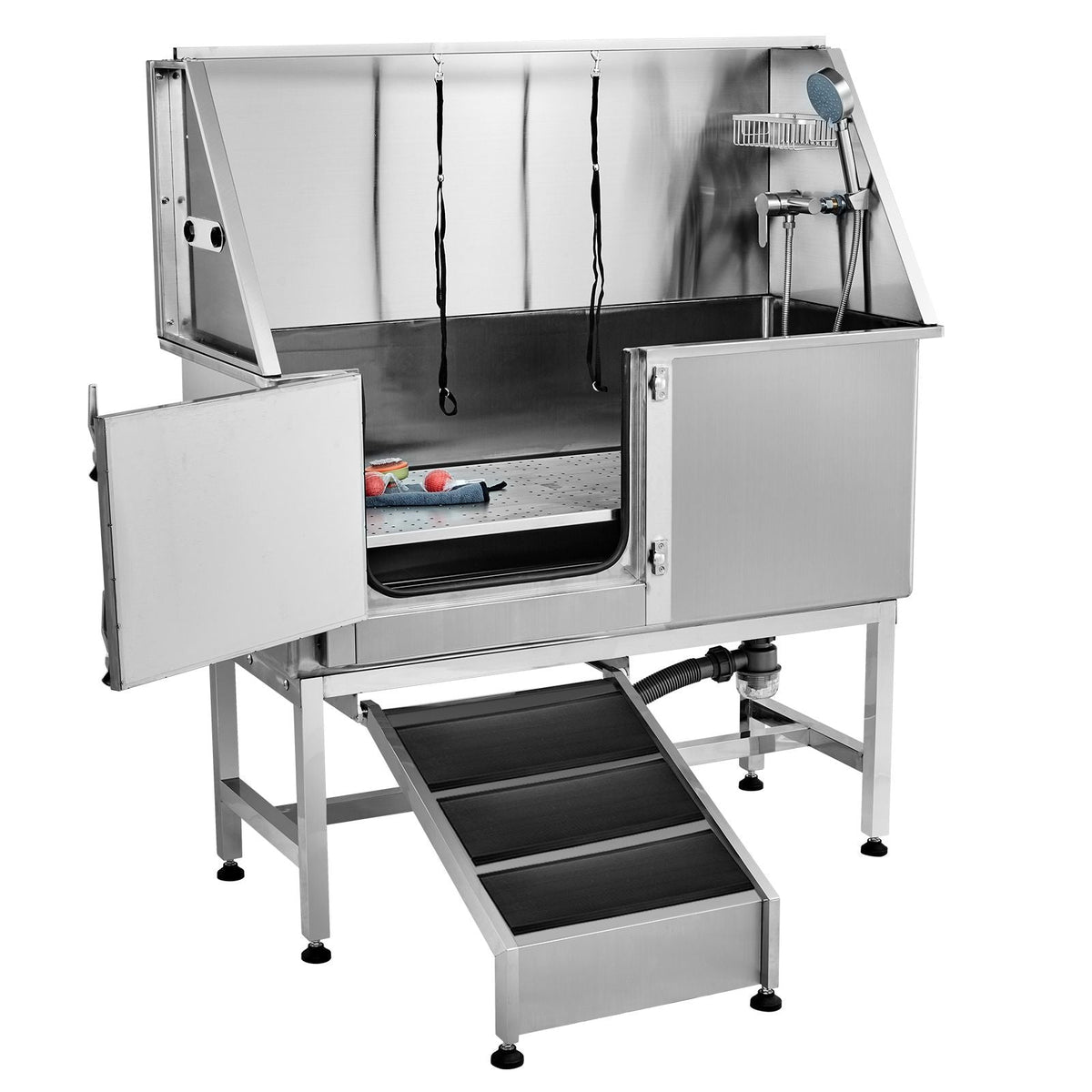 62" Pet Dog Bathing Station w/Ramp, Professional Stainless Steel Dog Grooming Tub w/ Soap Box, Faucet,Rich Accessory,Bathtub for Large,Medium,Small Pet, Washing Sink for Home(Left)