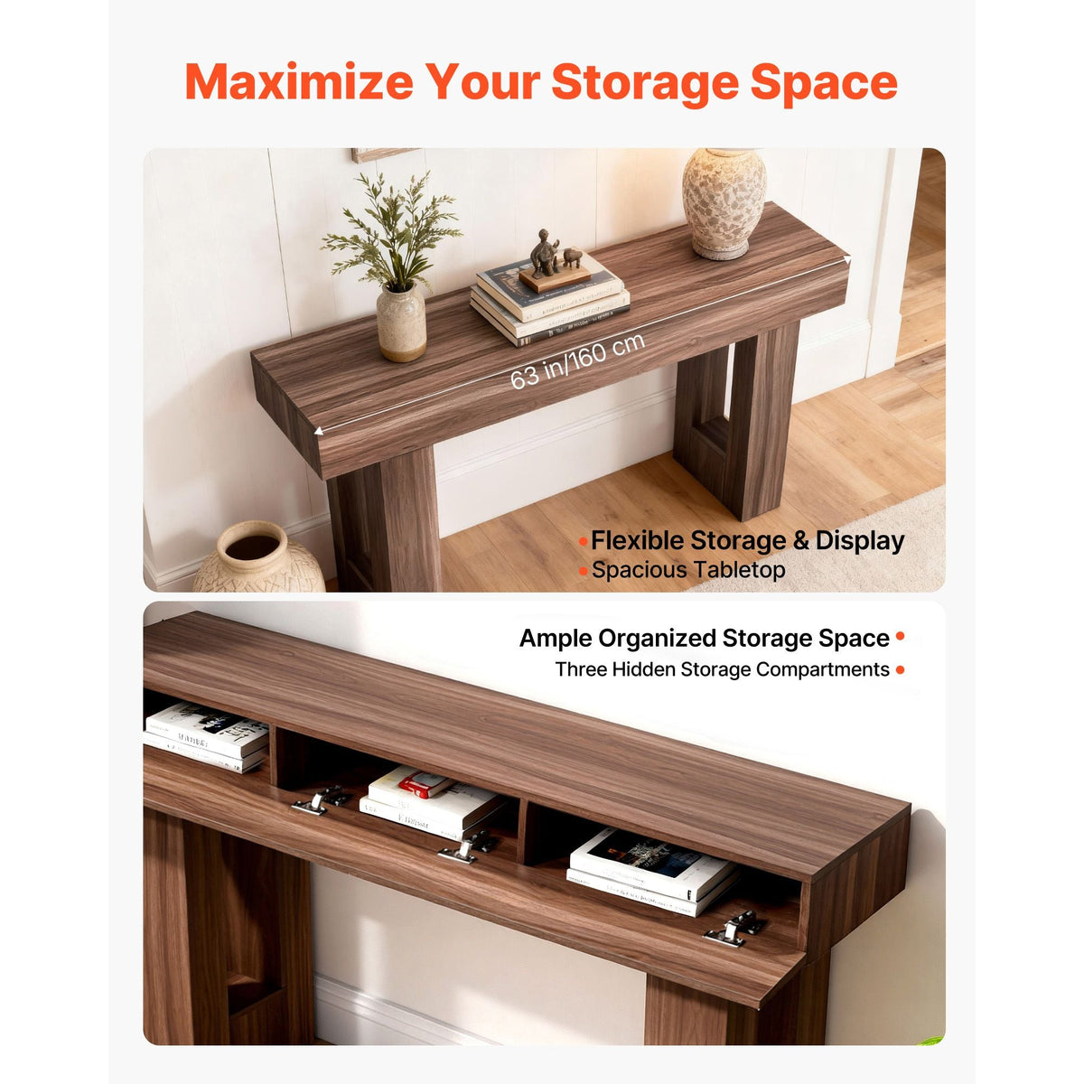 63 in Console Table, Farmhouse Desk Behind the Couch, Wooden Rectangle Entrance Desk, Narrow Long Sofa Table Accent Stand for Hallway, Bedroom, Living Room, Foyer, Easy Assembly, Brown