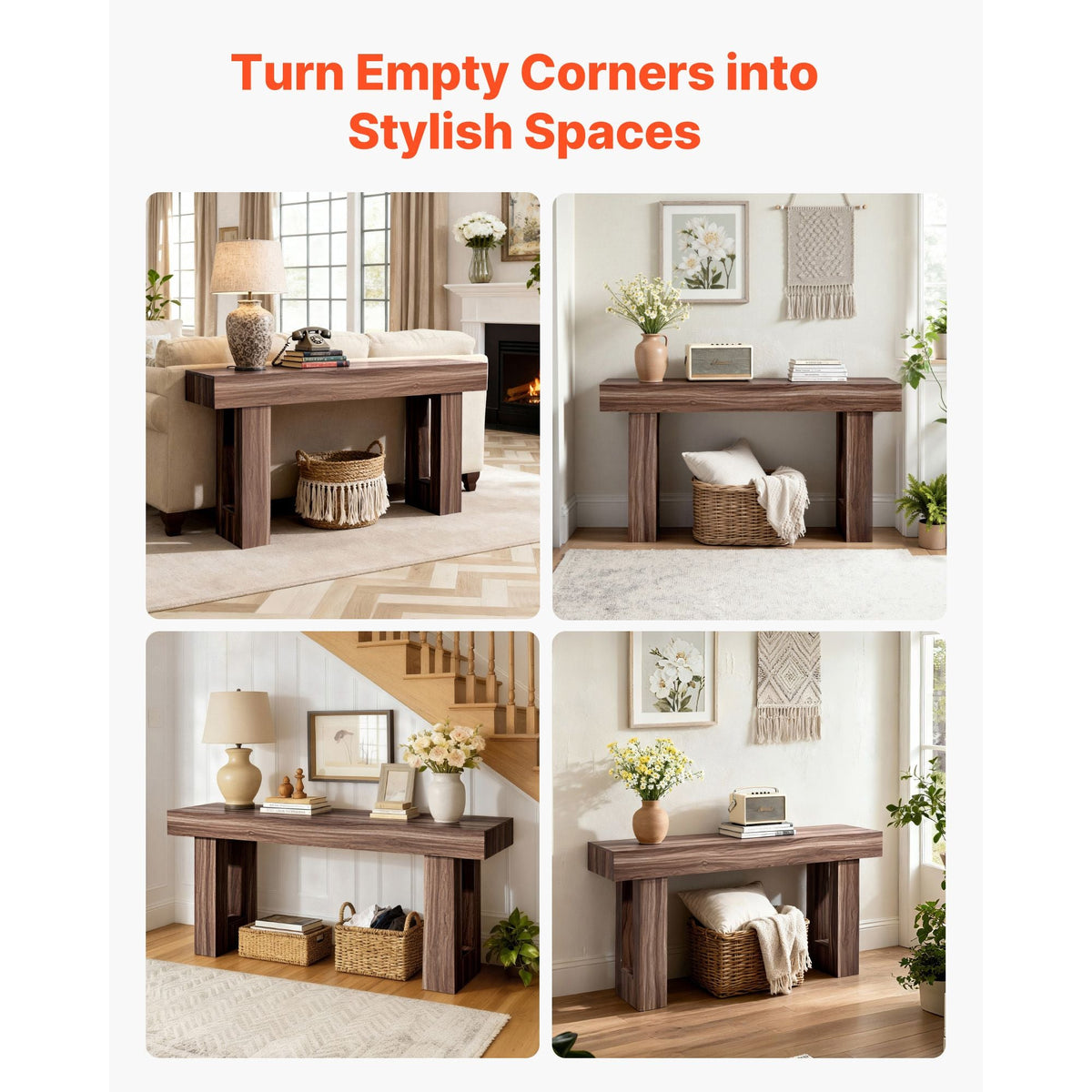 63 in Console Table, Farmhouse Desk Behind the Couch, Wooden Rectangle Entrance Desk, Narrow Long Sofa Table Accent Stand for Hallway, Bedroom, Living Room, Foyer, Easy Assembly, Brown