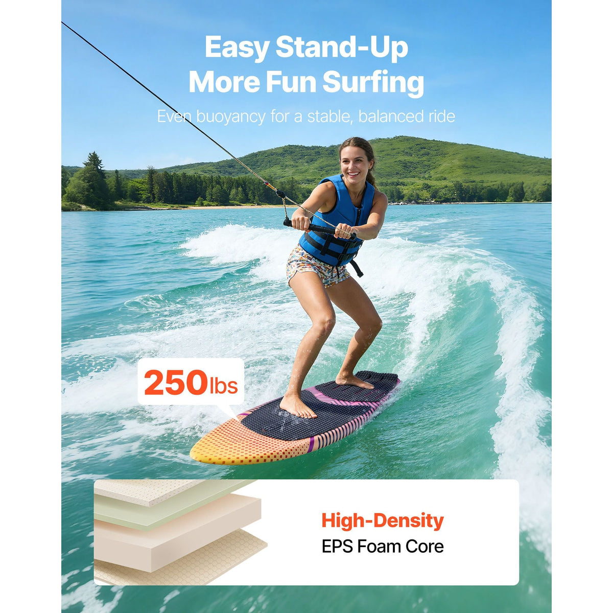 63-Inch Wakesurf Board, Wake Surfing Board with EPS Foam Core, EVA Non-Slip Pad & 3 Tail Fins, UV-Resistant Wakesurfing Boards for Adults Up to 250 lbs