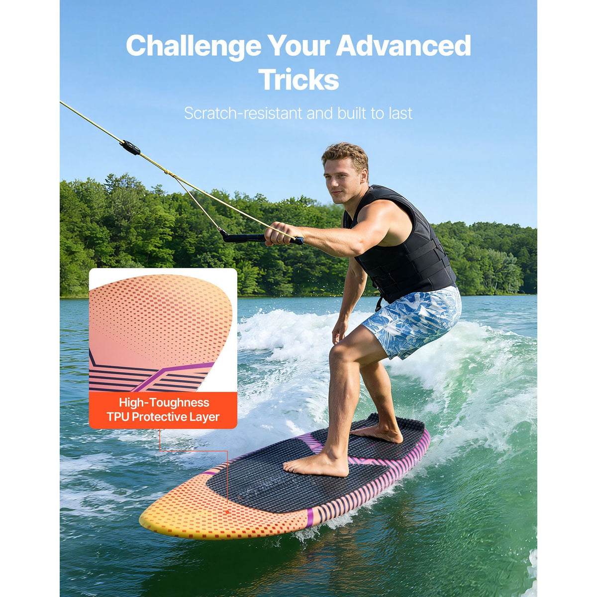 63-Inch Wakesurf Board, Wake Surfing Board with EPS Foam Core, EVA Non-Slip Pad & 3 Tail Fins, UV-Resistant Wakesurfing Boards for Adults Up to 250 lbs