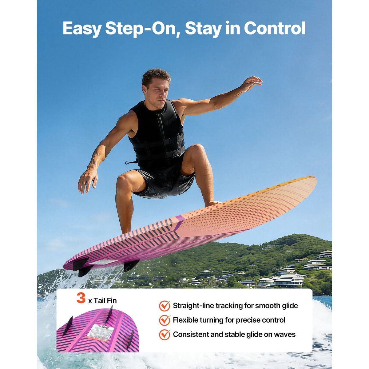 63-Inch Wakesurf Board, Wake Surfing Board with EPS Foam Core, EVA Non-Slip Pad & 3 Tail Fins, UV-Resistant Wakesurfing Boards for Adults Up to 250 lbs