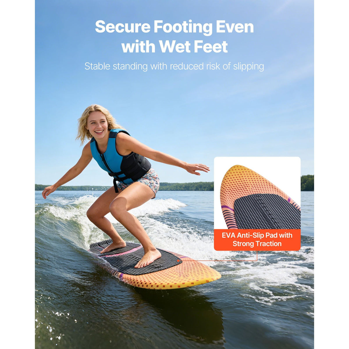 63-Inch Wakesurf Board, Wake Surfing Board with EPS Foam Core, EVA Non-Slip Pad & 3 Tail Fins, UV-Resistant Wakesurfing Boards for Adults Up to 250 lbs